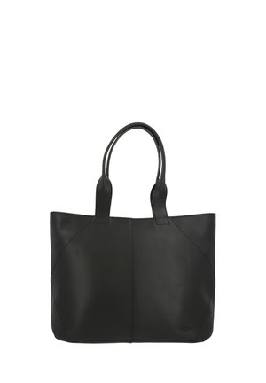 Sort læder tote taske med dobbelte håndtag og simpelt syningsdesign, vist mod en ensfarvet hvid baggrund.
