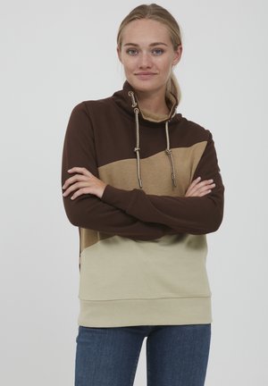 Color-blocked hoodie featuring brown, tan, and light green panels. Cozy fabric, drawstring neck, and ribbed hem and cuffs.