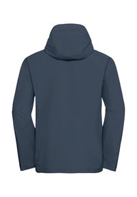 Giacca impermeabile blu navy con cappuccio, caratterizzata da una texture liscia, maniche lunghe e una linea dritta. Assenza di hardware o accenti visibili.
