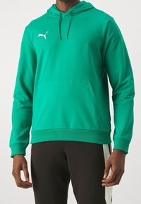 Felpa verde in misto cotone, con tasca a marsupio, polsini e orlo a costine, e logo bianco sul lato sinistro del petto.