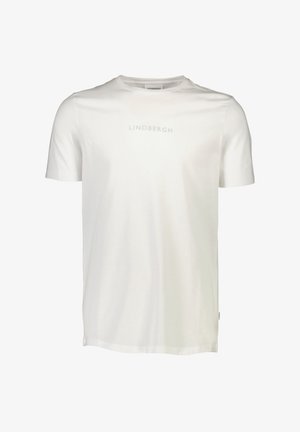 Hvid bomulds T-shirt med rund halsudskæring, korte ærmer og lysegrå branding "LINDBERGH" på forsiden. Glat tekstur, enkelt design.