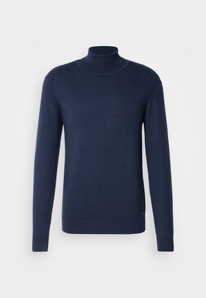 Marinblå turtlenecktröja i mjukt tyg, med långa ärmar, en åtsittande passform, ribbade manschetter och en slät yta. Minimalistisk design.