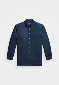 Donkerblauw linnen overhemd met lange mouwen, voorzien van een klassieke kraag, knopen aan de voorkant en een klein rood logo op de borst.