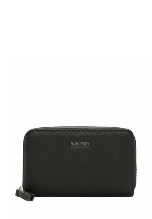 Black leather wallet with a textured finish, zip closure, and logo accent. Compact rectangular shape. Features a wrist strap for portability.