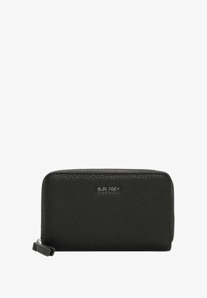 Portefeuille en cuir noir avec une finition texturée, fermeture éclair et accent logo. Forme rectangulaire compacte. Équipé d'une sangle pour le poignet pour une meilleure portabilité.