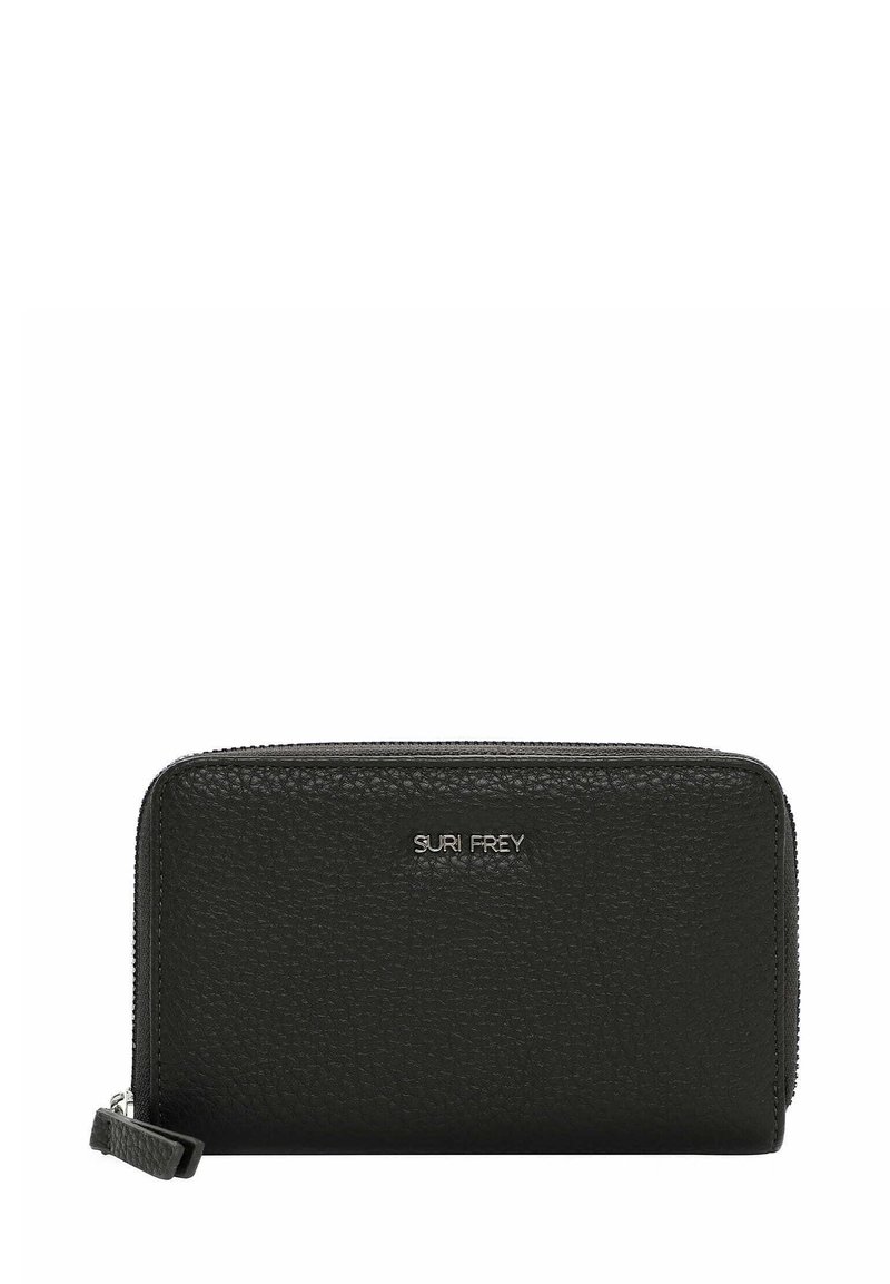 Black leather wallet with a textured finish, zip closure, and logo accent. Compact rectangular shape. Features a wrist strap for portability.