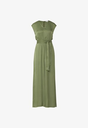 Bezręczna maksi sukienka oliwkowa z dekoltem w szpic, marszczoną talią i dopasowanym materiałowym paskiem związanym po boku.