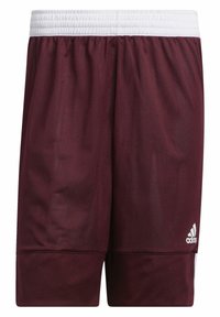 Short de sport Adidas bordeaux avec ceinture élastique blanche et logo blanc sur la jambe inférieure droite, en tissu mesh respirant.