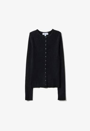 Schwarzer, gerippter Cardigan mit langen Ärmeln, Rundhalsausschnitt und durchgehender Knopfleiste, flach auf weißem Hintergrund ausgelegt.