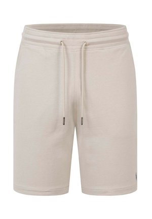 Beige Baumwollshorts mit elastischem Bund, Kordelzugverschluss und kleinem gesticktem Logo nahe dem Saum am rechten Bein.