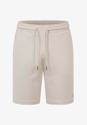 Beige Baumwollshorts mit elastischem Bund, Kordelzugverschluss und kleinem gesticktem Logo nahe dem Saum am rechten Bein.