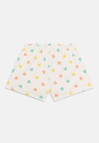 Baumwollshorts mit einem elastischen Bund, auf einem weißen Hintergrund mit einem Muster aus kleinen, bunten Herzen in Mintgrün, Pfirsich und Gelb.