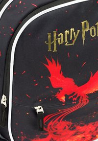 Černý batoh s designem červeného fénixe a zlatým textem "Harry Potter". Obsahuje bílý lem a kontrastní zipy pro funkčnost.