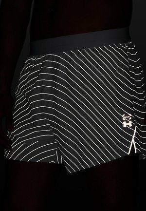 Black athletic shorts with reflective white stripes and a logo, featuring a stretchy waistband and a lightweight fabric.