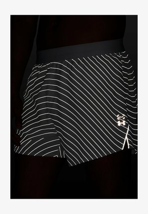 Black athletic shorts with reflective white stripes and a logo, featuring a stretchy waistband and a lightweight fabric.