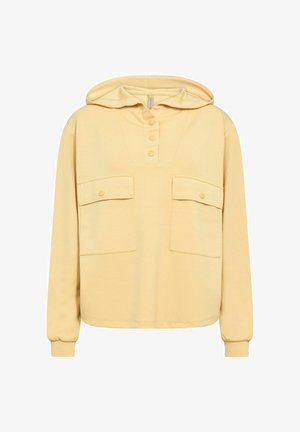 Gelber Kapuzenpullover aus strukturiertem Stoff, mit zwei aufgesetzten Taschen vorne und einer Knopfleiste mit drei Knöpfen. Lange Ärmel mit eng anliegenden Bündchen.