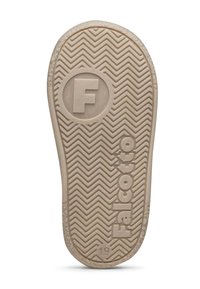 Suela de zapato de goma con un patrón de espiga. Presenta la letra "F" y la palabra "Falcotto" en relieve en un diseño circular. Color beige.
