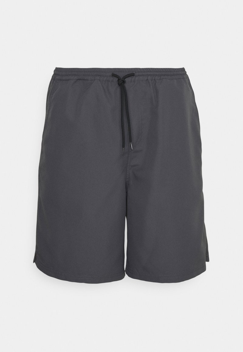 Shorts de bain gris foncé en tissu léger, avec une taille élastique munie d'un cordon de serrage et des poches latérales pour plus de commodité.