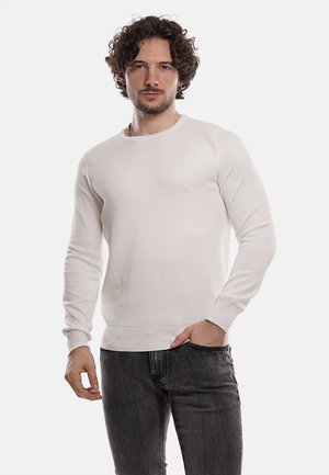 Maglione bianco a maglia testurizzata con scollatura a girocollo e maniche lunghe, abbinato a jeans scuri. La vestibilità è morbida e il tessuto sembra essere soffice.