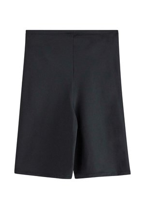 Shorts de sport noirs, arrivant au genou, fabriqués dans un tissu lisse et extensible. Dotés d'une taille sans couture et de l'absence de poches ou d'ornements visibles.