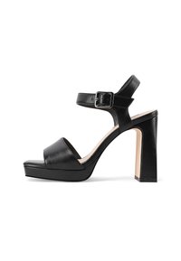 Sandali con tacco alto in pelle nera, presentano una suola a piattaforma, cinturino alla caviglia con fibbia e un tacco a blocco spesso. Texture liscia e design open toe.