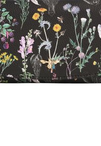 Black textured leather with colorful wildflower and berry print, featuring a small gold bee ornament near the bottom center.