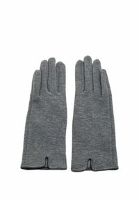 Guanti in maglia grigia con finitura testurizzata, caratterizzati da una vestibilità aderente e un design a polsino aperto per una facile indossabilità. Dita dalle forme uniformi e dettagli delle cuciture.