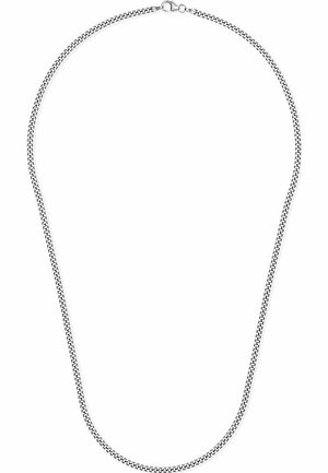 Thin silver chain necklace with tightly linked, flat curb chain design and a lobster clasp closure.