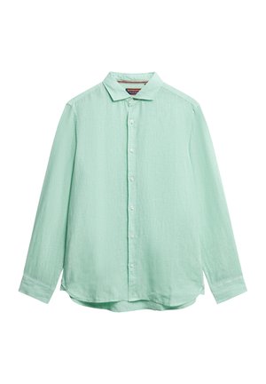 Helles mintgrünes Hemd mit Knopfleiste, klassischem Kragen, langen Ärmeln und leicht abgerundetem Saum. Hergestellt aus strukturiertem Stoff mit sichtbaren Nähten.