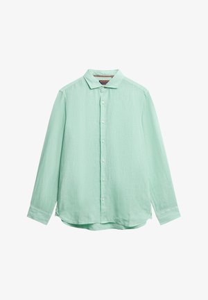 Licht mintgroen button-up shirt met een standaard kraag, lange mouwen en een licht afgeronde zoom. Gemaakt van textuurstof met zichtbare stiksels.