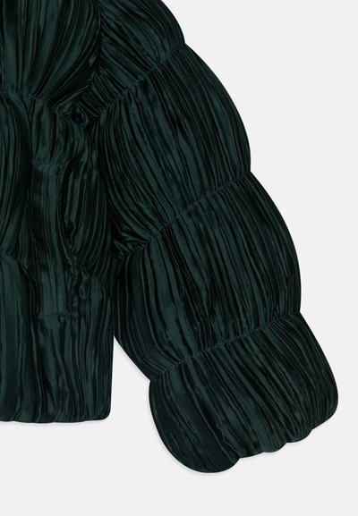 Puffy green jacket featuring a pleated design, soft texture, and rounded shoulder accents. Material appears glossy and smooth.
