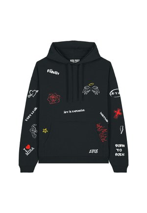 Black hoodie with a front pocket, featuring various colorful embroidered graphics, including roses, hearts, and phrases like "Art is Expensive."
