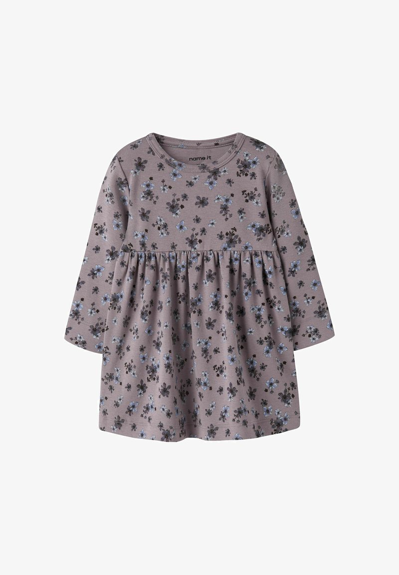 Robe à manches longues pour tout-petit en mauve atténué avec petit imprimé floral bleu et noir et taille froncée.