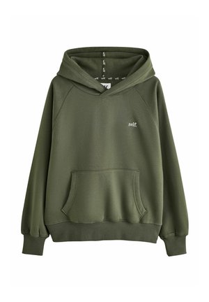 Olivgrüner Hoodie mit einer vorderen Kängurutasche, gerippten Bündchen und Saum und dem Wort "self." auf der Brust gedruckt.