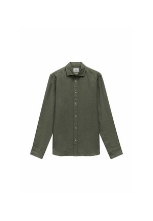 Chemise à manches longues vert olive en tissu texturé, avec un col et une fermeture à boutons avant avec six boutons.