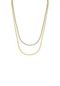Collana a più strati in tono dorato, caratterizzata da due catene: una liscia e piatta, l'altra con piccole cristalli trasparenti.
