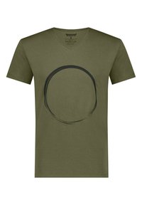 Oliivinvihreä puuvillainen V-pääntie t-paita, jossa on edessä suuri musta pyöreä siveltimenveto. Lyhyet hihat ja rento malli.