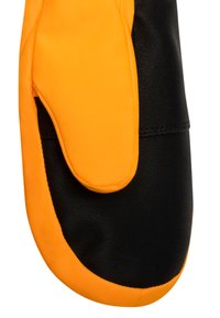 Orangene und schwarze Ofenhandschuhe mit einem strukturierten schwarzen Material und einem glatten orangen Stoffakzent, entworfen für Hitzeschutz und Grip.