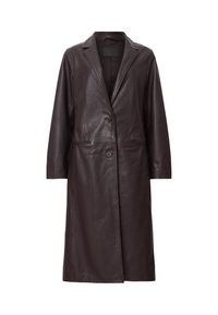 Cappotto lungo in pelle marrone con revers a punta, chiusura a due bottoni, tasche laterali e texture liscia. Design semplice e dritto.