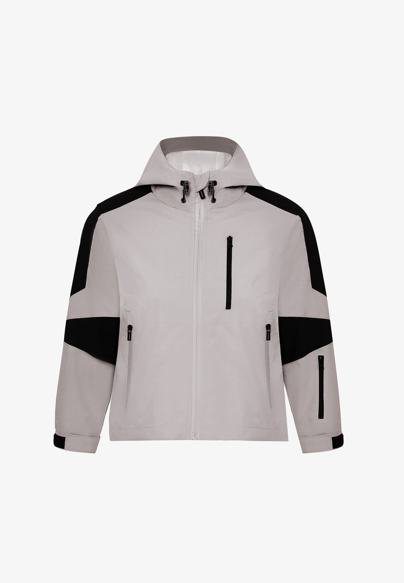 Valkoinen vaaleanharmaa vedenpitävä takki mustilla yksityiskohdilla, vetoketjulliset taskut, huppu ja rento mittasuhde. Rakenteellinen muotoilu väri-estetiikkatiedoilla.