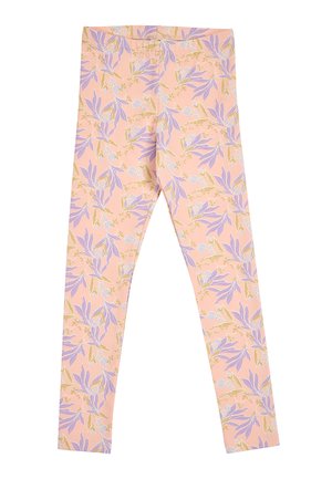Rosa Leggings mit einem floralen Muster aus hellvioletten Blättern und kleinen beigen Zweigen, flach liegend und von vorne betrachtet.