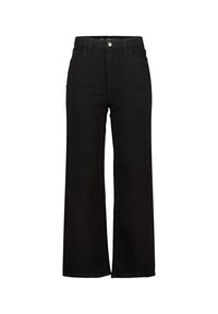 Jean large noir en denim, avec une taille haute, des poches avant et une fermeture à bouton, présentant une texture lisse et mate.