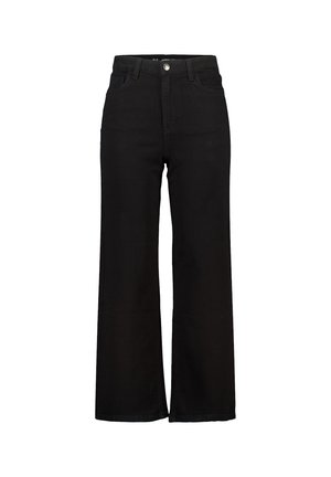 Zwarte wijde jeans van denim, met een hoge taille, voorzakken en een knoopsluiting, in een gladde, matte textuur.