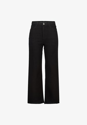 Jean large noir en denim, avec une taille haute, des poches avant et une fermeture à bouton, présentant une texture lisse et mate.