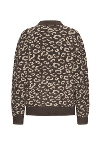 Pulover tricotat maro cu un imprimeu de leopard crem, guler rotund, mâneci lungi și mansete ribbrate. Textură moale cu o croială lejeră.