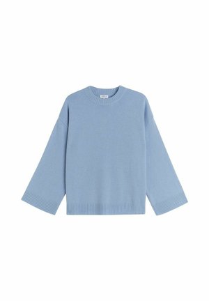 Lichtblauw sweater gemaakt van zachte stof, met een ronde halslijn, brede mouwen en een geribbelde zoom. Eenvoudig, strak ontwerp zonder patronen.