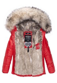 Rode winterjas met dikke beige nepbont voering en grote capuchon met bontrand, geopend tentoongesteld om de binnenste details en het merklabel te tonen.