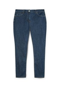 Jeans de mezclilla azul oscuro con cinco bolsillos, cremallera y cierre de botón. La tela tiene una textura suave y un ligero desvanecimiento en algunas áreas.