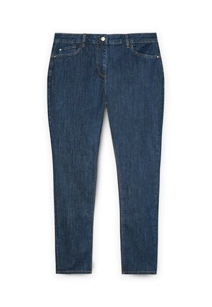 Jeans in denim blu scuro con cinque tasche, chiusura a zip e bottone. Il tessuto ha una consistenza liscia e una leggera scoloritura in alcune aree.