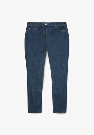 Jeans in denim blu scuro con cinque tasche, chiusura a zip e bottone. Il tessuto ha una consistenza liscia e una leggera scoloritura in alcune aree.